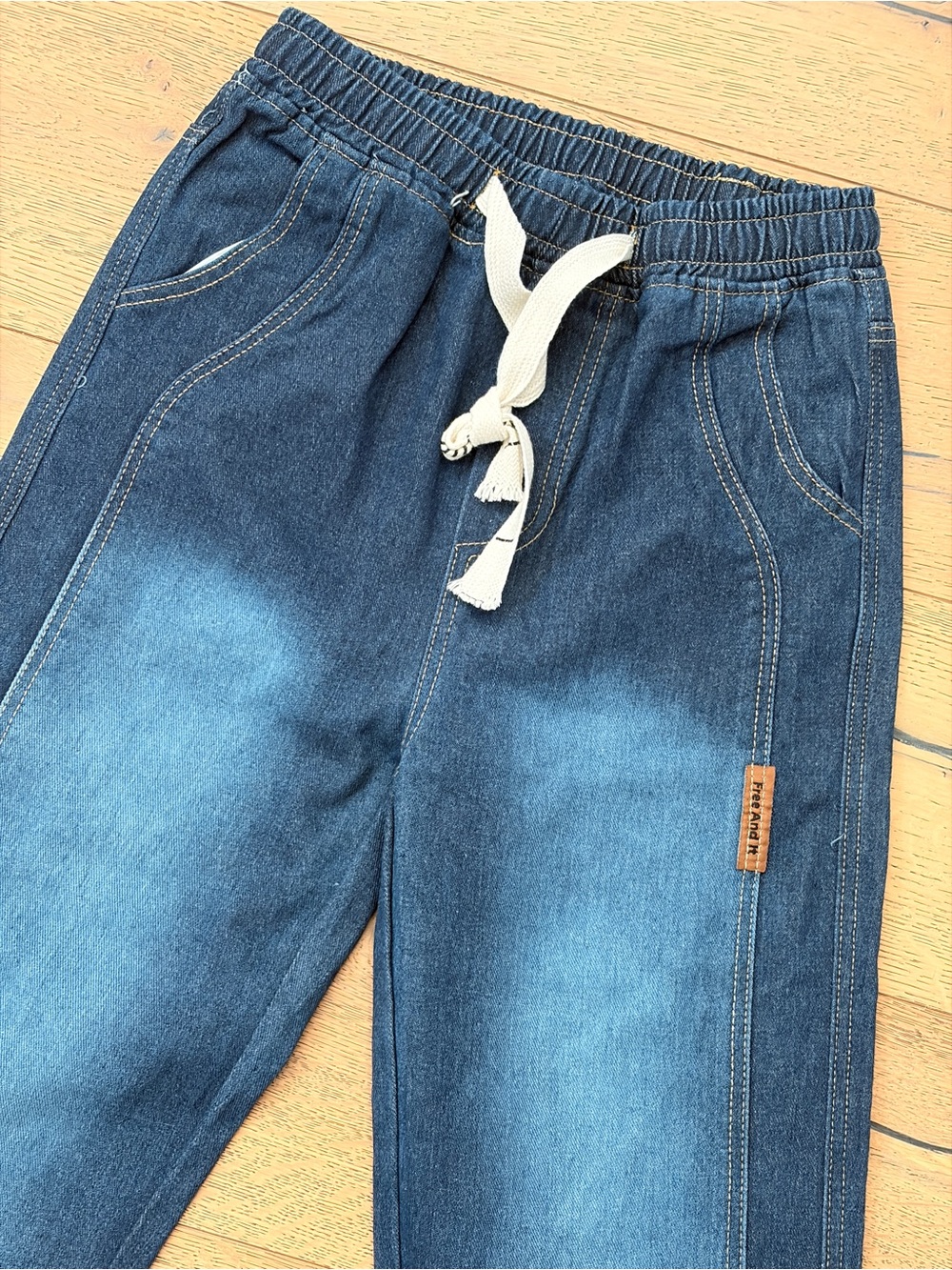 Kids Dark Blue Denim Jogger Pants with Drawstring - Picture 2 of 5